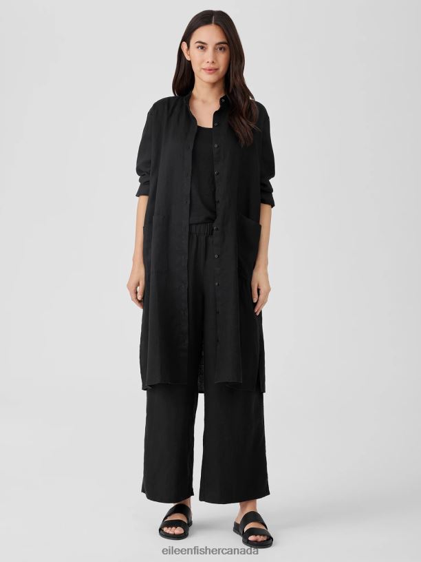 EILEEN FISHER Organic Linen Mandarin Collar Dress Easy Fit Knee Length Women BLACK Clothing 024FN821