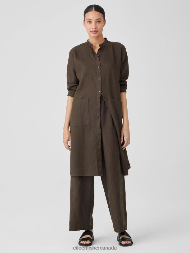 EILEEN FISHER Organic Linen Mandarin Collar Dress Easy Fit Knee Length Women ESPRESSO Clothing 024FN823