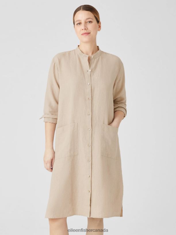 EILEEN FISHER Organic Linen Mandarin Collar Dress Easy Fit Knee Length Women UNDYED NATURAL Clothing 024FN822