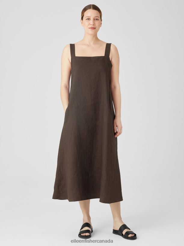 EILEEN FISHER Organic Linen Square Neck Dress Easy Fit Full Length Women ESPRESSO Clothing 024FN824