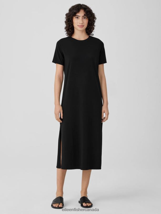 EILEEN FISHER Pima Cotton Stretch Jersey Crew Neck Dress Easy Fit Full Length Women BLACK Clothing 024FN861