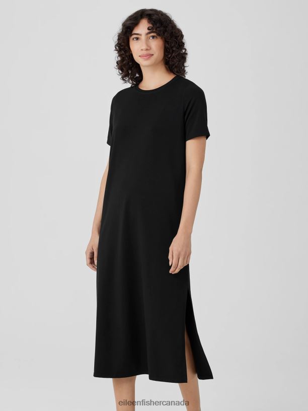 EILEEN FISHER Pima Cotton Stretch Jersey Crew Neck Dress Easy Fit Full Length Women BLACK Clothing 024FN861