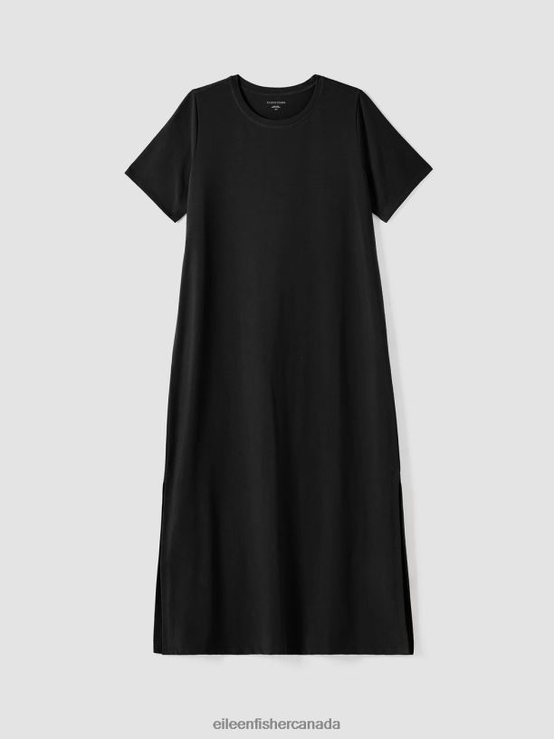 EILEEN FISHER Pima Cotton Stretch Jersey Crew Neck Dress Easy Fit Full Length Women BLACK Clothing 024FN861
