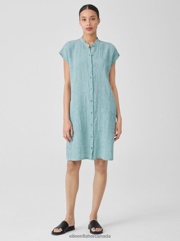 EILEEN FISHER Puckered Organic Linen Shirtdress Boxy Fit Knee Length Women AMALFI Clothing 024FN830