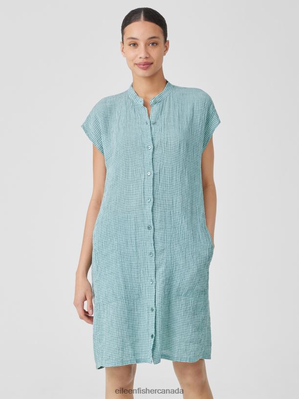 EILEEN FISHER Puckered Organic Linen Shirtdress Boxy Fit Knee Length Women AMALFI Clothing 024FN830