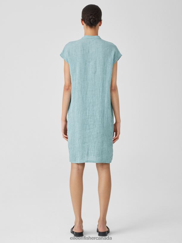 EILEEN FISHER Puckered Organic Linen Shirtdress Boxy Fit Knee Length Women AMALFI Clothing 024FN830