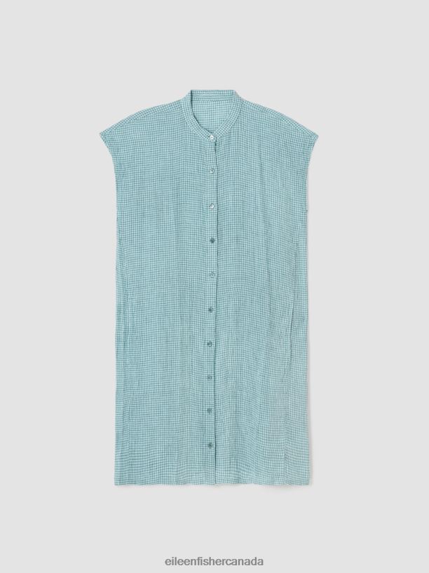 EILEEN FISHER Puckered Organic Linen Shirtdress Boxy Fit Knee Length Women AMALFI Clothing 024FN830