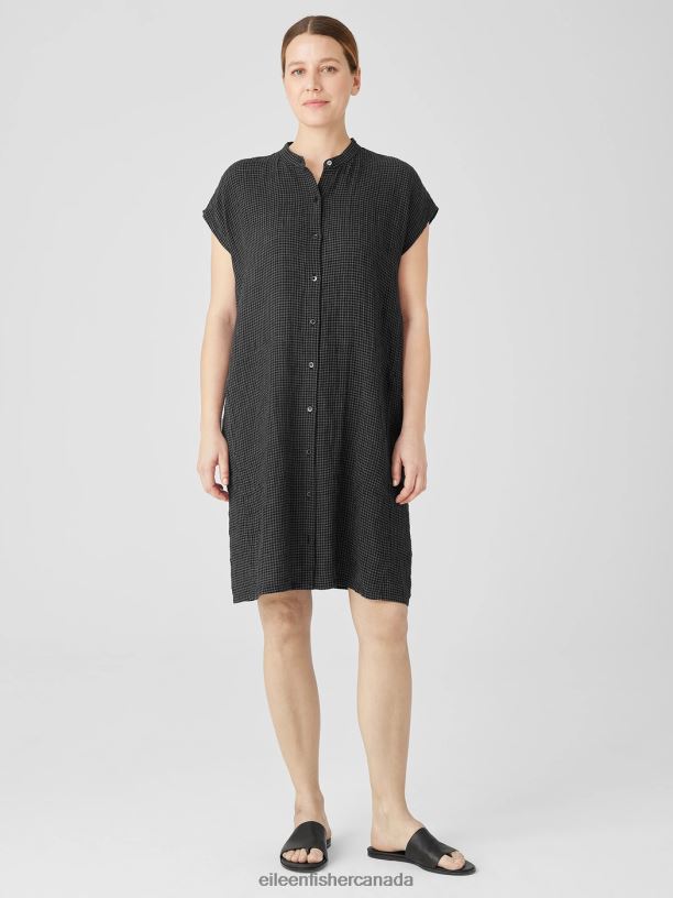 EILEEN FISHER Puckered Organic Linen Shirtdress Boxy Fit Knee Length Women BLACK Clothing 024FN829