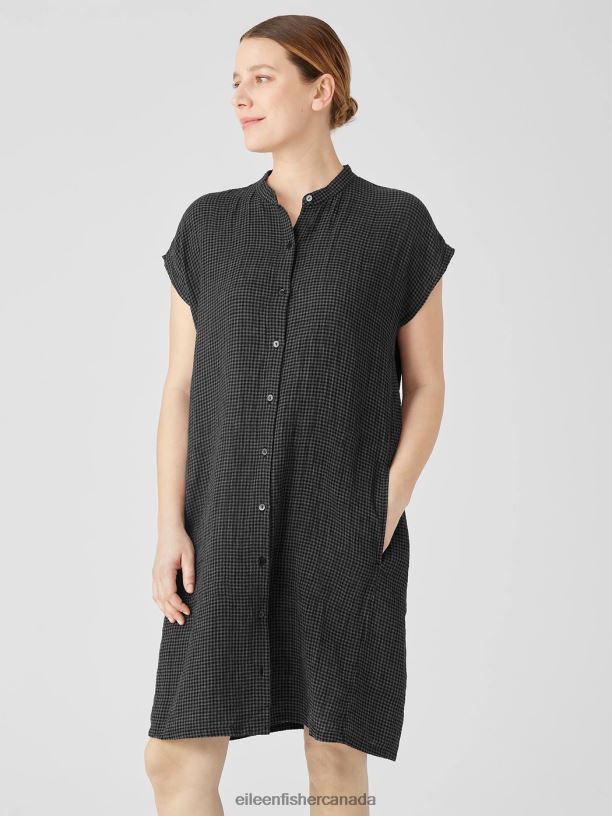 EILEEN FISHER Puckered Organic Linen Shirtdress Boxy Fit Knee Length Women BLACK Clothing 024FN829