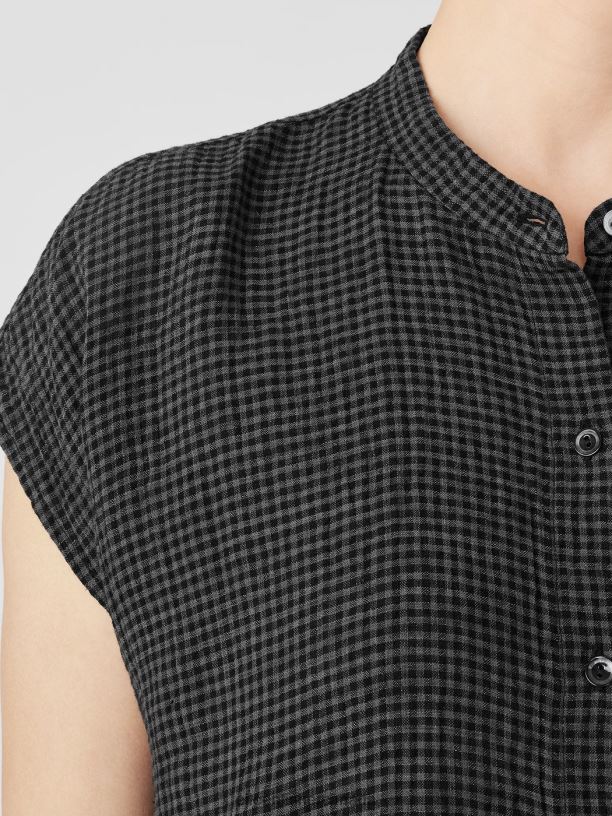 EILEEN FISHER Puckered Organic Linen Shirtdress Boxy Fit Knee Length Women BLACK Clothing 024FN829