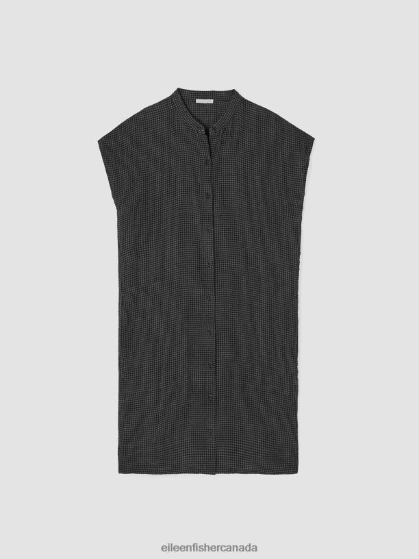 EILEEN FISHER Puckered Organic Linen Shirtdress Boxy Fit Knee Length Women BLACK Clothing 024FN829