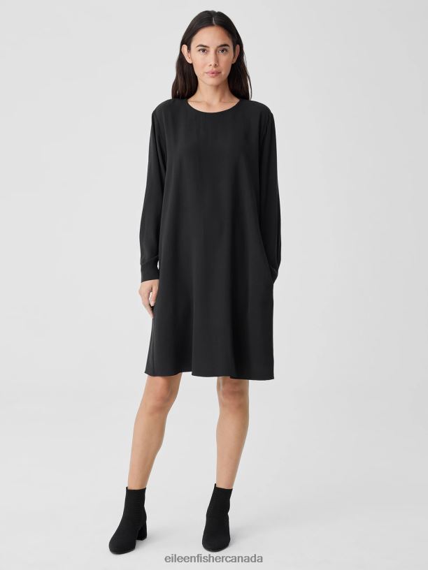 EILEEN FISHER Silk Georgette Crepe Crew Neck Dress Easy Fit Knee Length Women BLACK Clothing 024FN841