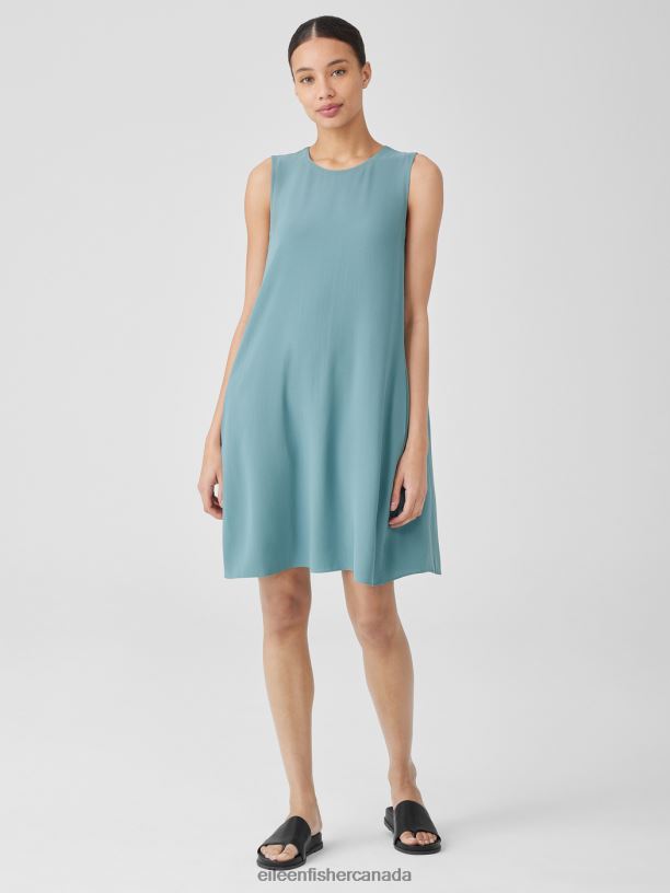 EILEEN FISHER Silk Georgette Crepe Round Neck Dress Easy Fit Knee Length Women AMALFI Clothing 024FN843