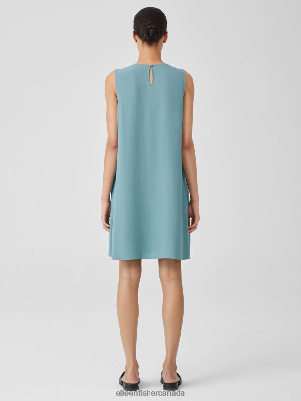 EILEEN FISHER Silk Georgette Crepe Round Neck Dress Easy Fit Knee Length Women AMALFI Clothing 024FN843