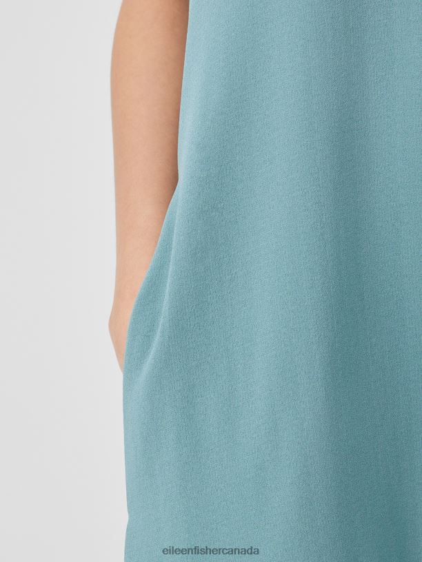 EILEEN FISHER Silk Georgette Crepe Round Neck Dress Easy Fit Knee Length Women AMALFI Clothing 024FN843