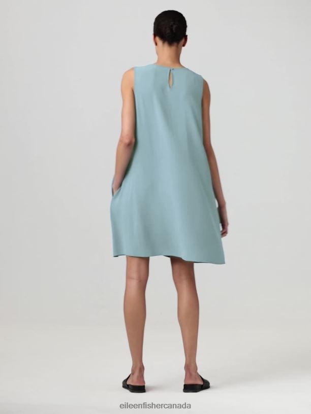 EILEEN FISHER Silk Georgette Crepe Round Neck Dress Easy Fit Knee Length Women AMALFI Clothing 024FN843