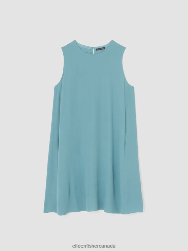 EILEEN FISHER Silk Georgette Crepe Round Neck Dress Easy Fit Knee Length Women AMALFI Clothing 024FN843