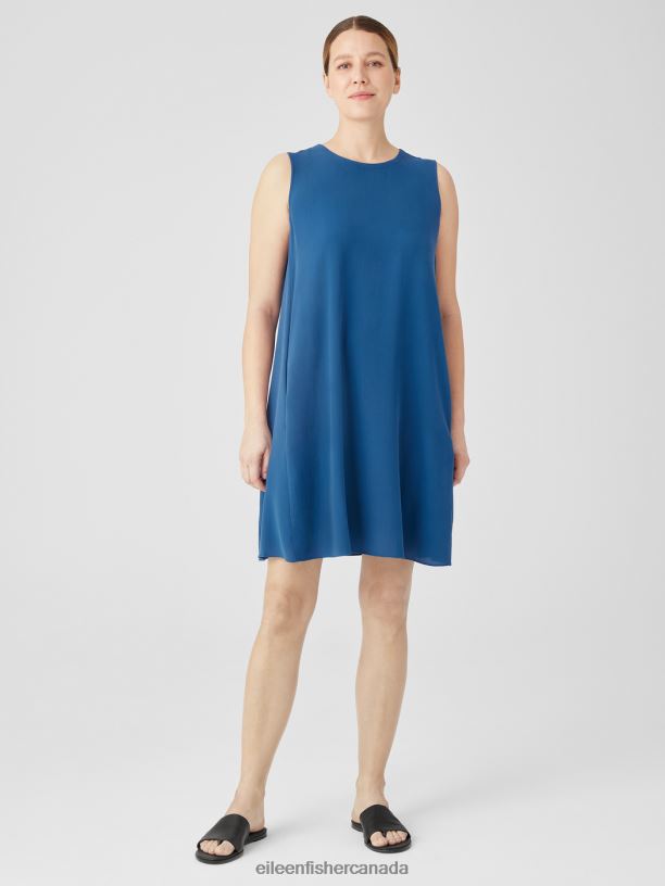 EILEEN FISHER Silk Georgette Crepe Round Neck Dress Easy Fit Knee Length Women ATLANTIS Clothing 024FN844