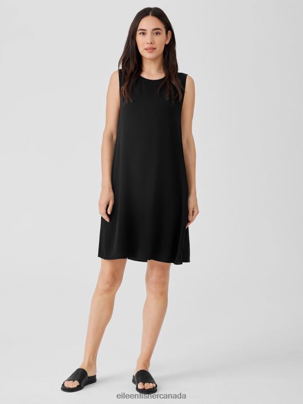 EILEEN FISHER Silk Georgette Crepe Round Neck Dress Easy Fit Knee Length Women BLACK Clothing 024FN842