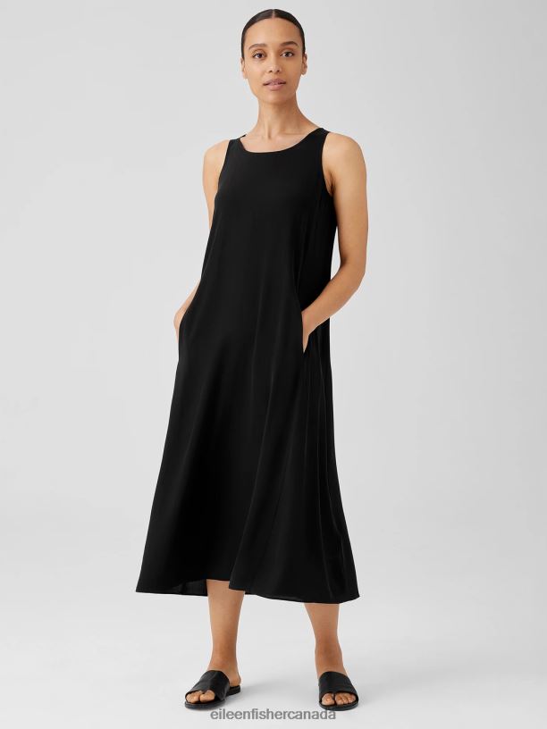 EILEEN FISHER Silk Georgette Crepe Scoop Neck Dress Easy Fit Full Length Women BLACK Clothing 024FN840