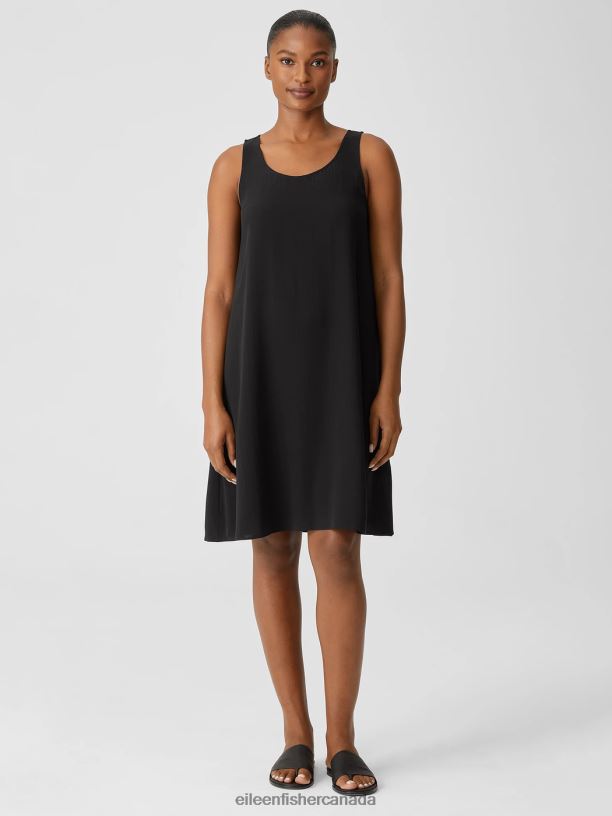 EILEEN FISHER Silk Georgette Crepe Scoop Neck Dress Easy Fit Knee Length Women BLACK Clothing 024FN885