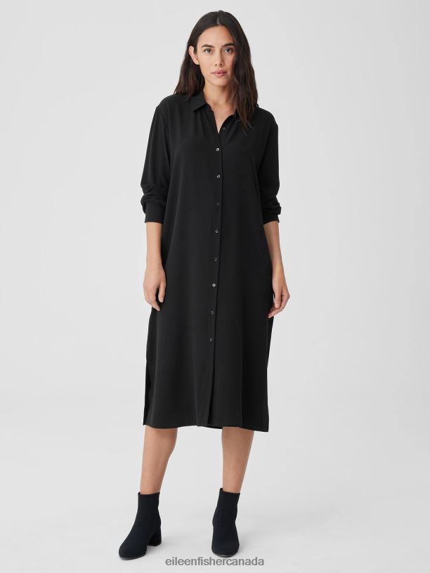 EILEEN FISHER Silk Georgette Crepe Shirtdress Easy Fit Calf Length Women BLACK Clothing 024FN853
