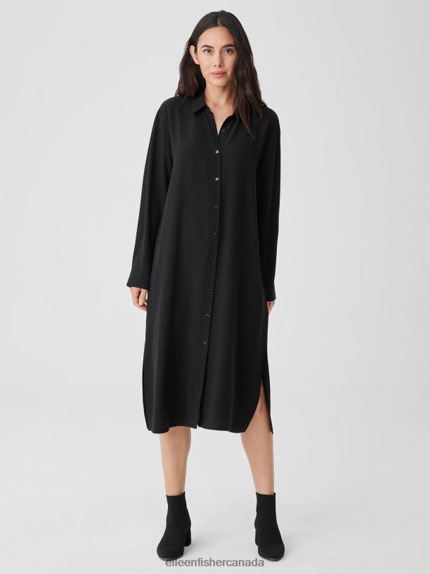 EILEEN FISHER Silk Georgette Crepe Shirtdress Easy Fit Calf Length Women BLACK Clothing 024FN853