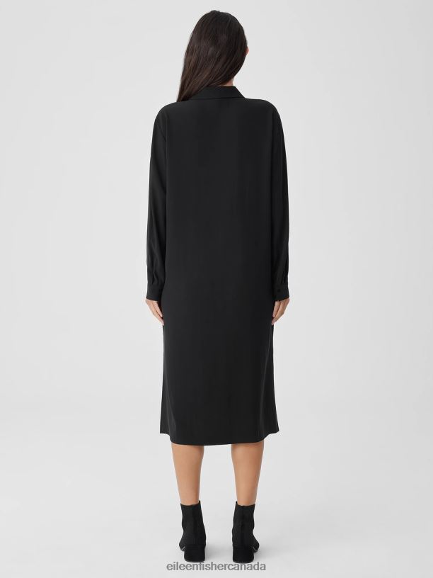 EILEEN FISHER Silk Georgette Crepe Shirtdress Easy Fit Calf Length Women BLACK Clothing 024FN853