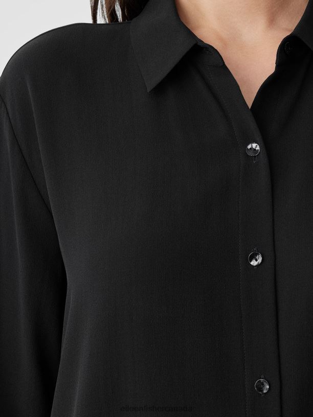 EILEEN FISHER Silk Georgette Crepe Shirtdress Easy Fit Calf Length Women BLACK Clothing 024FN853