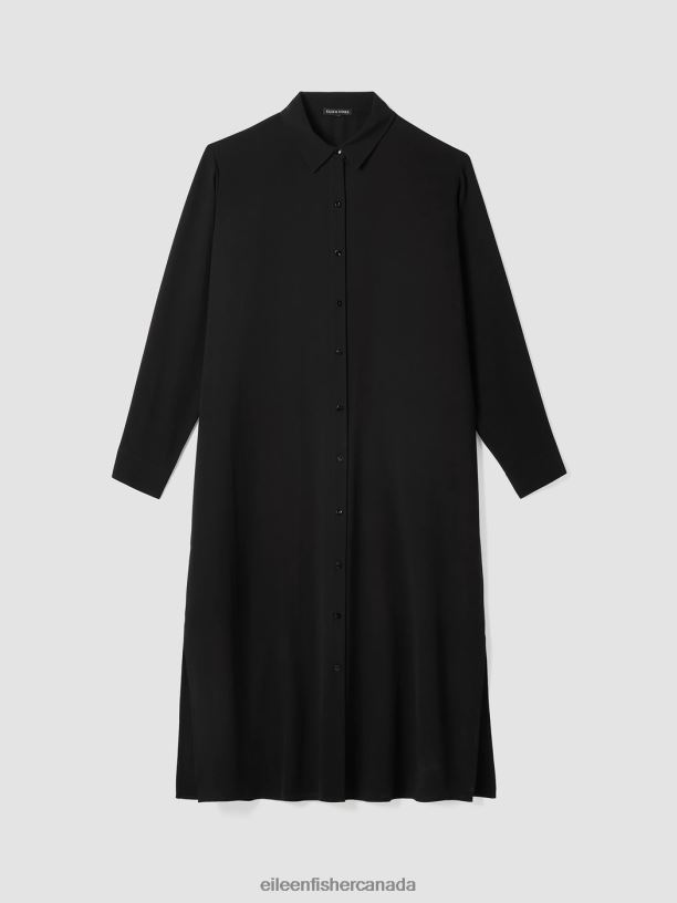 EILEEN FISHER Silk Georgette Crepe Shirtdress Easy Fit Calf Length Women BLACK Clothing 024FN853