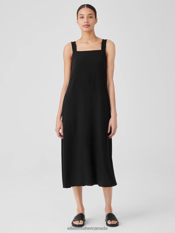EILEEN FISHER Silk Georgette Crepe Square Neck Dress Easy Fit Full Length Women BLACK Clothing 024FN845
