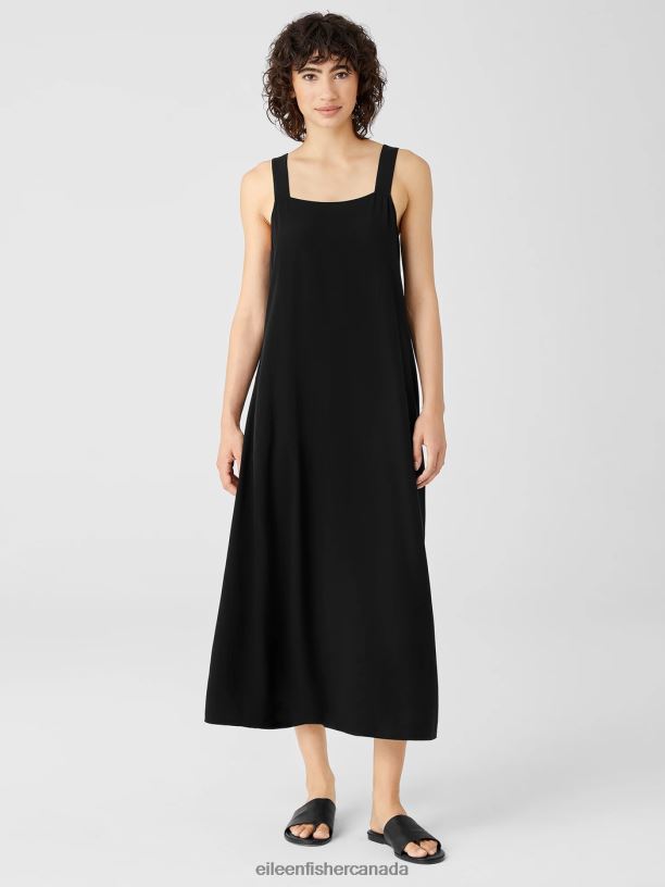 EILEEN FISHER Silk Georgette Crepe Square Neck Dress Easy Fit Full Length Women BLACK Clothing 024FN898
