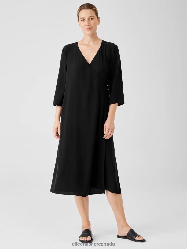 EILEEN FISHER Silk Georgette Crepe Wrap Dress Easy Fit Calf Length Women BLACK Clothing 024FN889