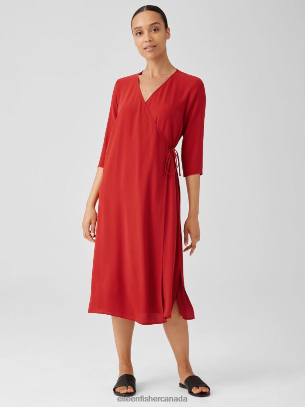 EILEEN FISHER Silk Georgette Crepe Wrap Dress Easy Fit Calf Length Women CINNABAR Clothing 024FN890