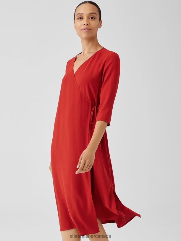 EILEEN FISHER Silk Georgette Crepe Wrap Dress Easy Fit Calf Length Women CINNABAR Clothing 024FN890