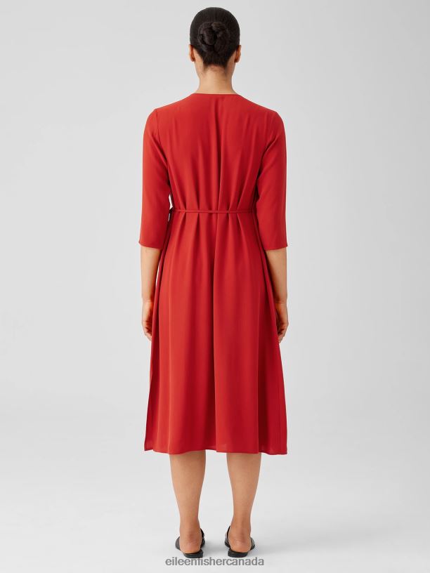 EILEEN FISHER Silk Georgette Crepe Wrap Dress Easy Fit Calf Length Women CINNABAR Clothing 024FN890