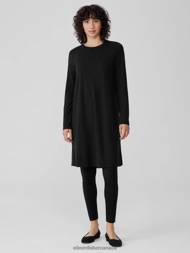EILEEN FISHER Stretch Jersey Knit Crew Neck Dress Easy Fit Knee Length Women BLACK Clothing 024FN869