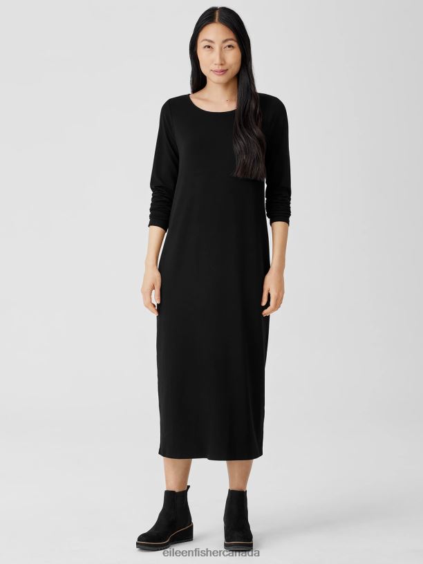 EILEEN FISHER Stretch Jersey Knit Jewel Neck Dress Slim Fit Full Length Women BLACK Clothing 024FN893