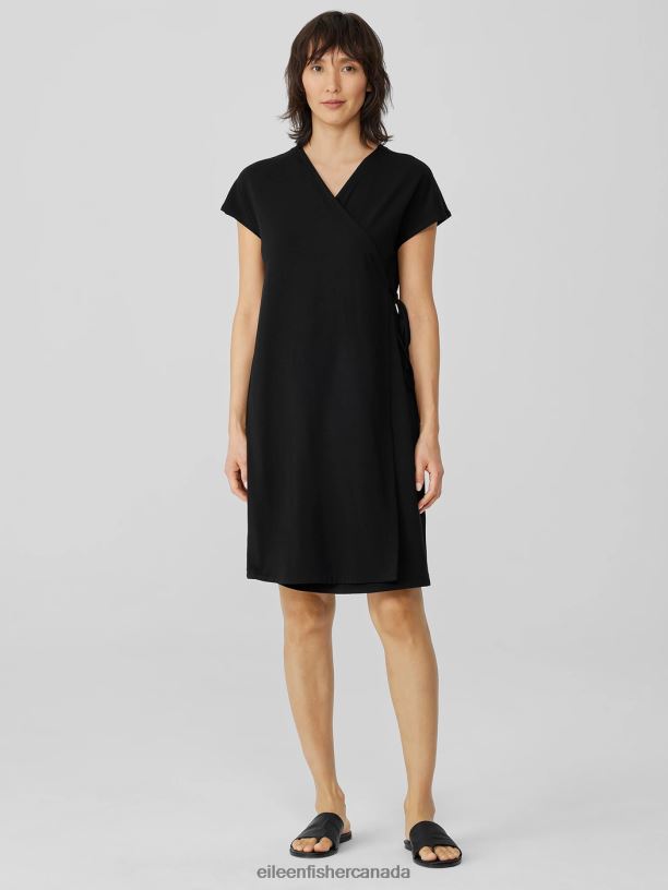 EILEEN FISHER Stretch Jersey Knit Wrap Dress Boxy Fit Knee Length Women BLACK Clothing 024FN881