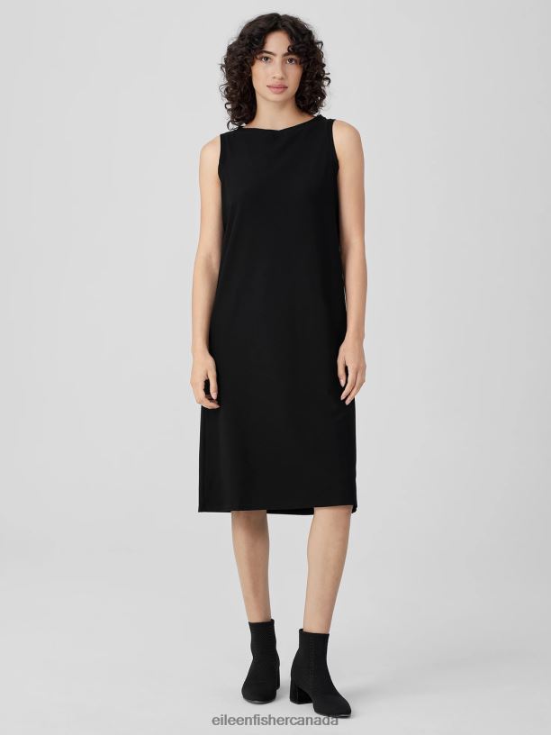 EILEEN FISHER Washable Stretch Crepe Bateau Neck Dress Easy Fit Calf Length Women BLACK Clothing 024FN863