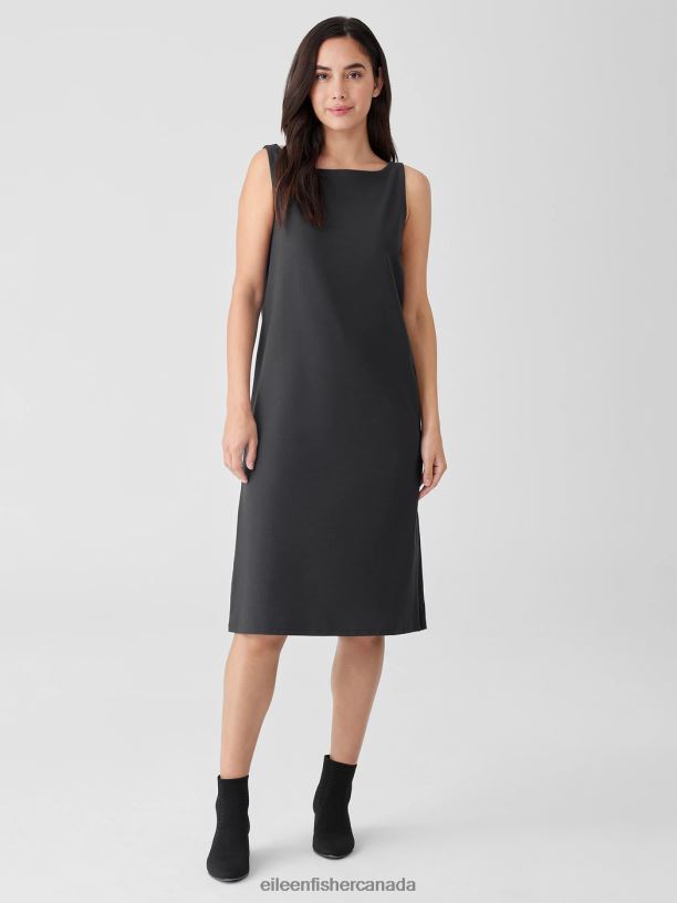 EILEEN FISHER Washable Stretch Crepe Bateau Neck Dress Easy Fit Calf Length Women GRAPHITE Clothing 024FN864