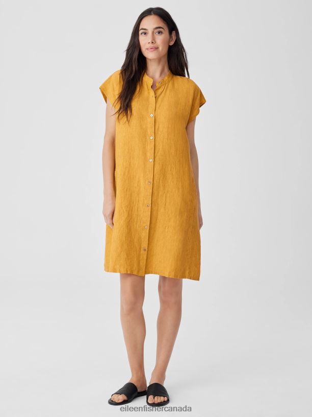 EILEEN FISHER Washed Organic Linen Delave Shirtdress Boxy Fit Knee Length Women MARIGOLD Clothing 024FN835