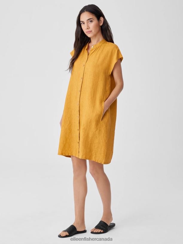 EILEEN FISHER Washed Organic Linen Delave Shirtdress Boxy Fit Knee Length Women MARIGOLD Clothing 024FN835