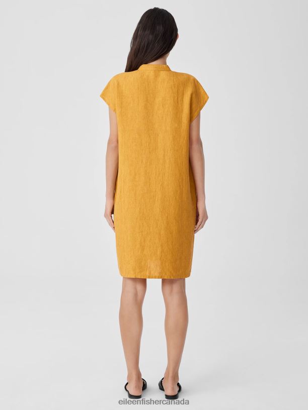 EILEEN FISHER Washed Organic Linen Delave Shirtdress Boxy Fit Knee Length Women MARIGOLD Clothing 024FN835