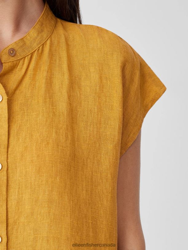 EILEEN FISHER Washed Organic Linen Delave Shirtdress Boxy Fit Knee Length Women MARIGOLD Clothing 024FN835