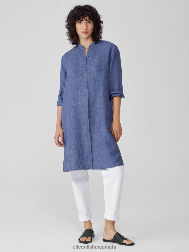 EILEEN FISHER Washed Organic Linen Delave Shirtdress Easy Fit Knee Length Women BLUEBERRY Clothing 024FN836