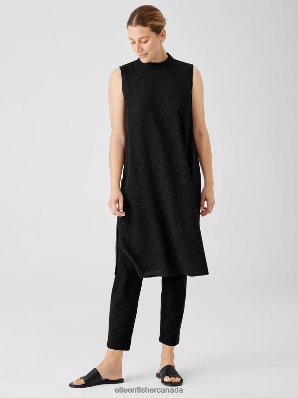 EILEEN FISHER Woven Plisse Mock Neck Dress Easy Fit Knee Length Women BLACK Clothing 024FN878