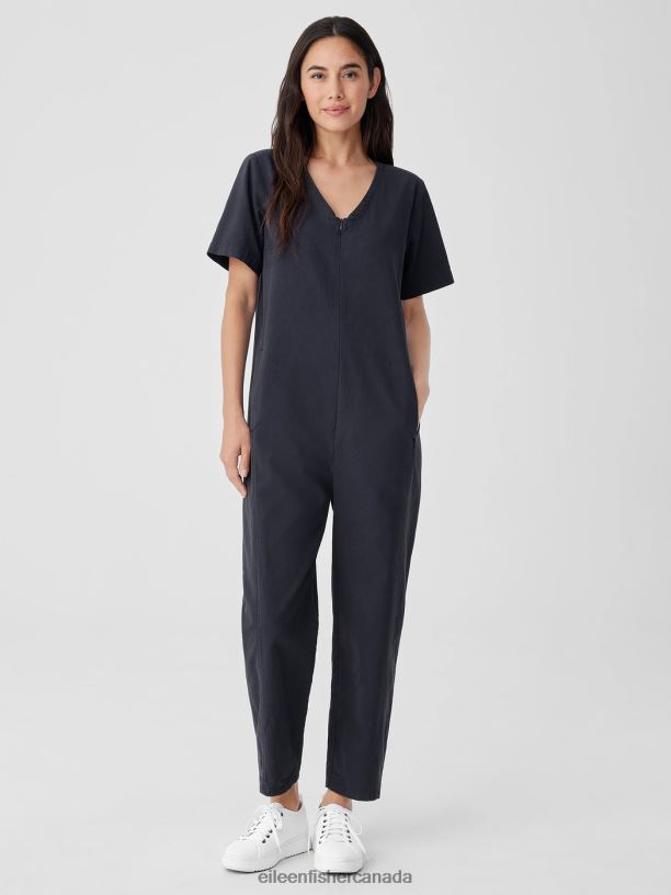 EILEEN FISHER Cotton Hemp Stretch Lantern Jumpsuit Easy Fit Ankle Length Women BLACK Clothing 024FN640