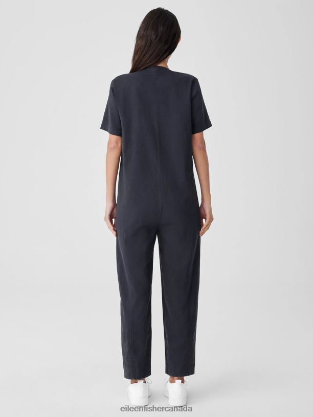 EILEEN FISHER Cotton Hemp Stretch Lantern Jumpsuit Easy Fit Ankle Length Women BLACK Clothing 024FN640