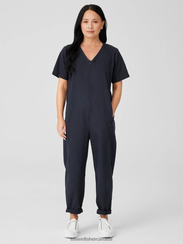 EILEEN FISHER Cotton Hemp Stretch Lantern Jumpsuit Easy Fit Ankle Length Women BLACK Clothing 024FN640